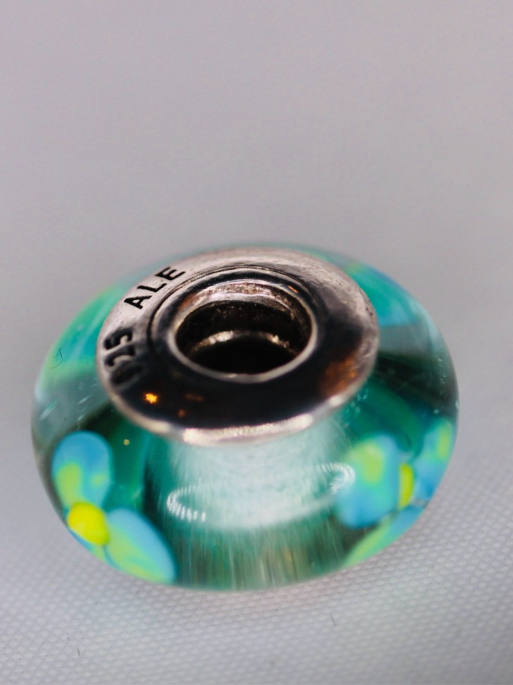 Pandora Aqua Floral Murano Glass Charm | Sterling Silver | New Without Tags